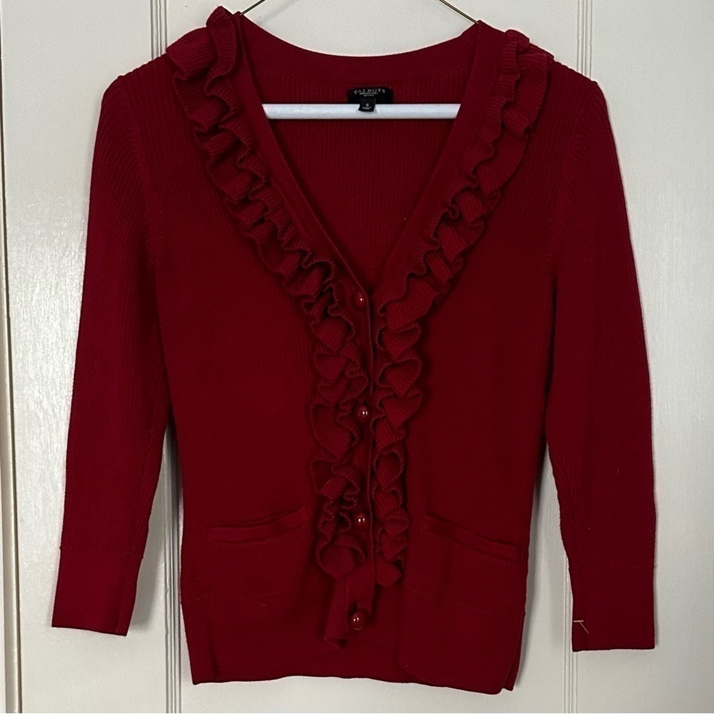 Talbots Cardigan Ruffles Holiday Red Size SP - Picture 2 of 10
